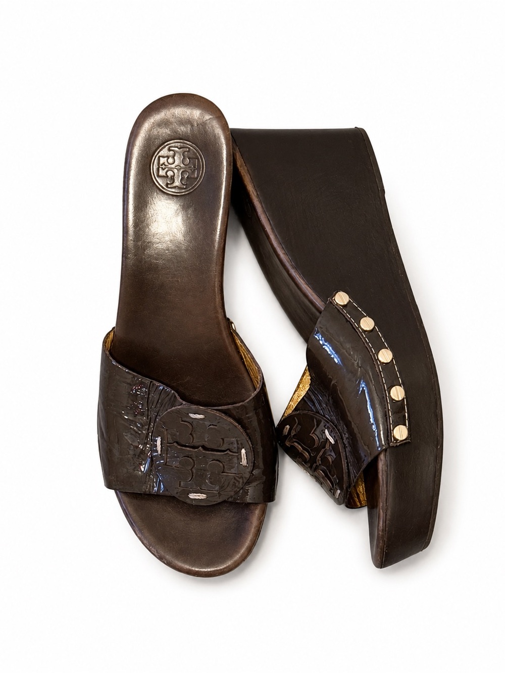 Tory Burch Patti Dark Brown Patent Leather Platform Wedge Mules